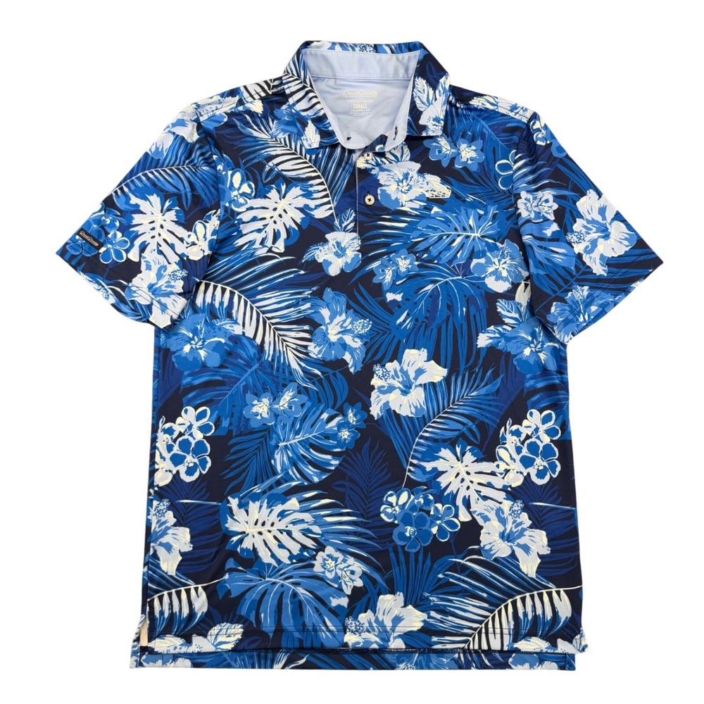 Good Good Golf Polo Mens Small Blue Tropical Floral Palm Performance Shirt